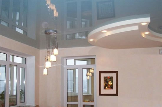 натяжные двухуровневые потолки для кухни фото