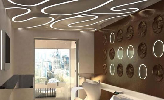 дизайн потолка в спальне обоями